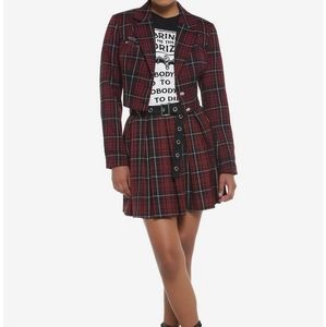 Dark Red Plaid Pleated Skirt With Grommet Belt